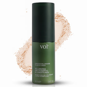 Voir Haircare volume dry shampoo bottle glows as it absorbs oil for refreshed roots.