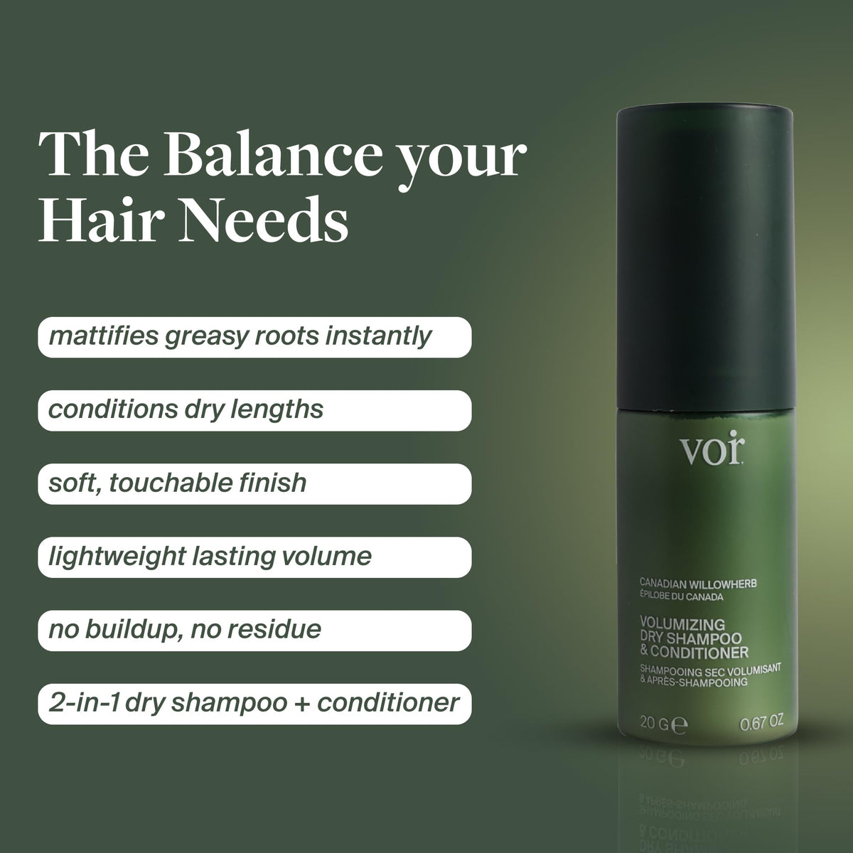 Voir Haircare volume dry shampoo spray action refreshes roots and boosts lift.