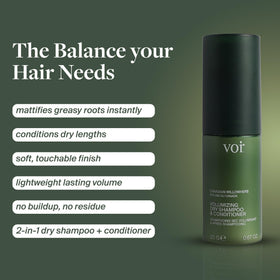 Voir Haircare volume dry shampoo spray action refreshes roots and boosts lift.