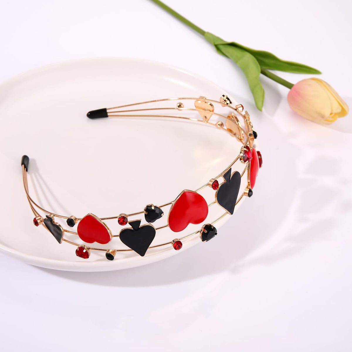 Vokone queen hearts hair accessory completes a cute Halloween ensemble