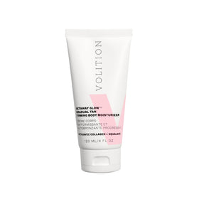 Volition Getaway Glow gradual tan bottle demonstrates sunless tanning for natural color