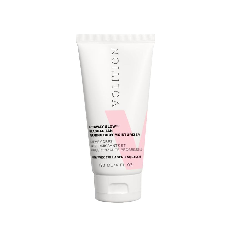 Volition Getaway Glow gradual tan bottle demonstrates sunless tanning for natural color