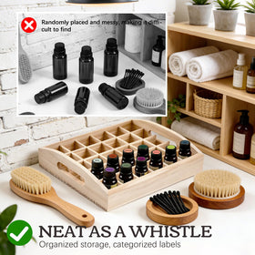 VolksRose 30-slot wooden storage box with bottles demonstrates compact storage.