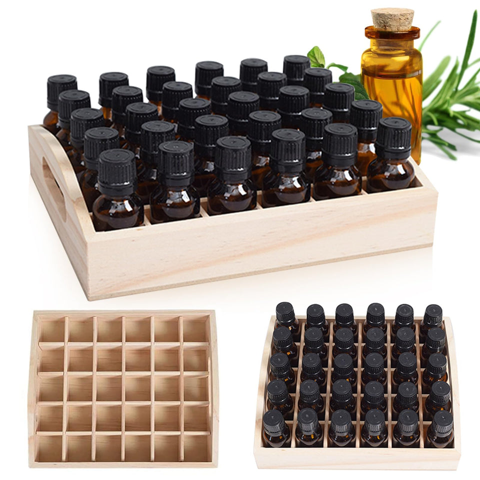 VolksRose 30-slot wooden storage box top view shows organized oils.