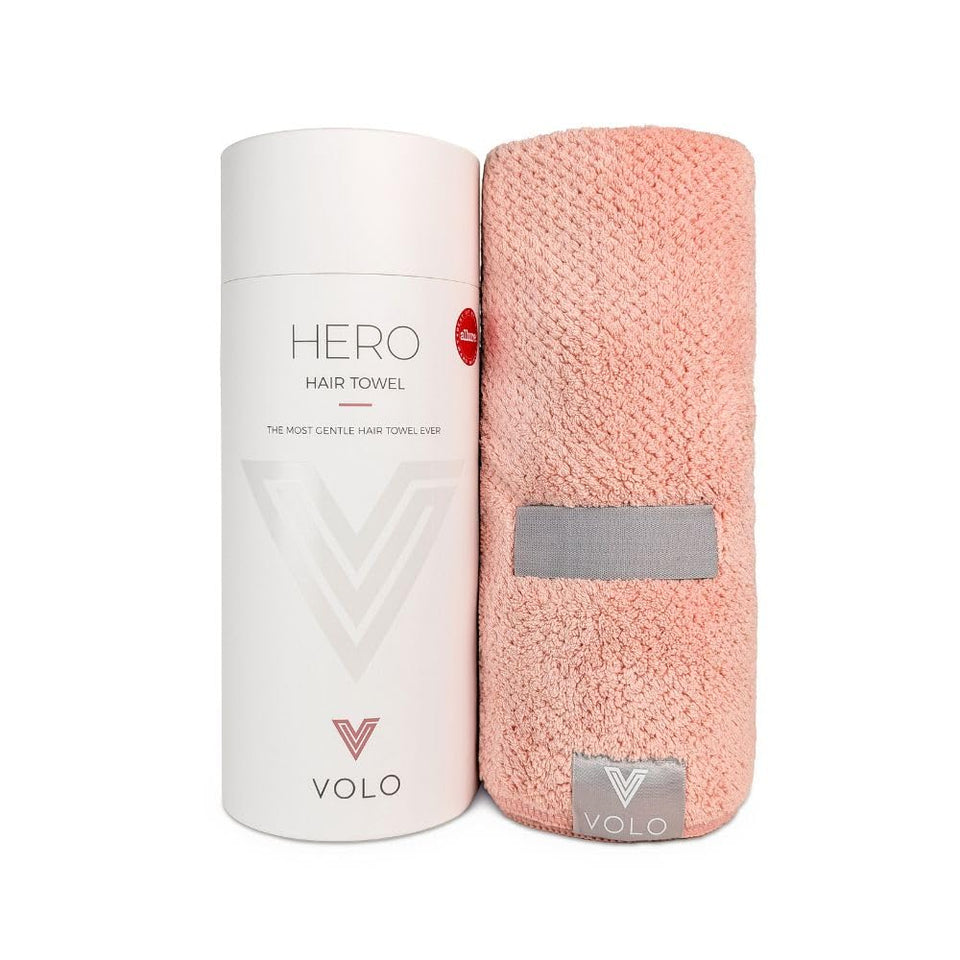 VOLO Hero Hair Towel full wrap shows secure, snug coverage for hands-free drying.