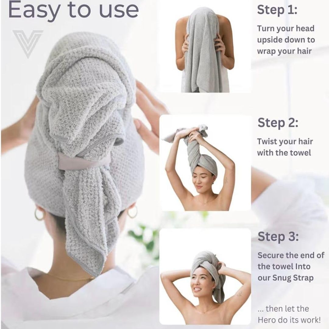 VOLO Hero Hair Towel XL wrap in use showing broad coverage for all hair types.