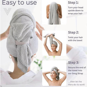 VOLO Hero Hair Towel XL wrap in use showing broad coverage for all hair types.