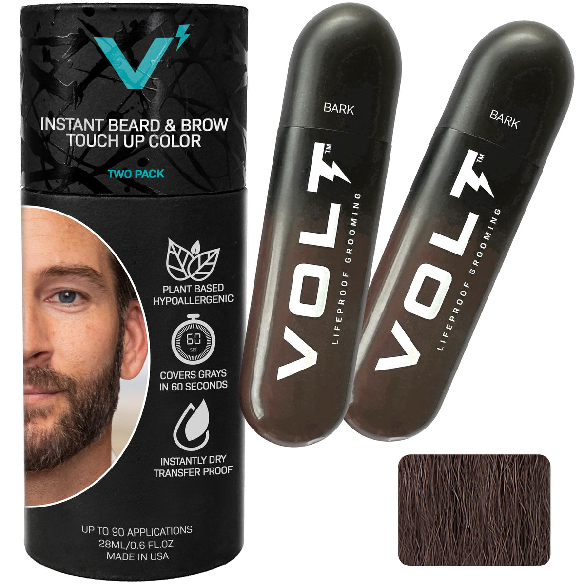 VOLT Grooming instant beard color packaging with two-pack refill for easy touch-ups.