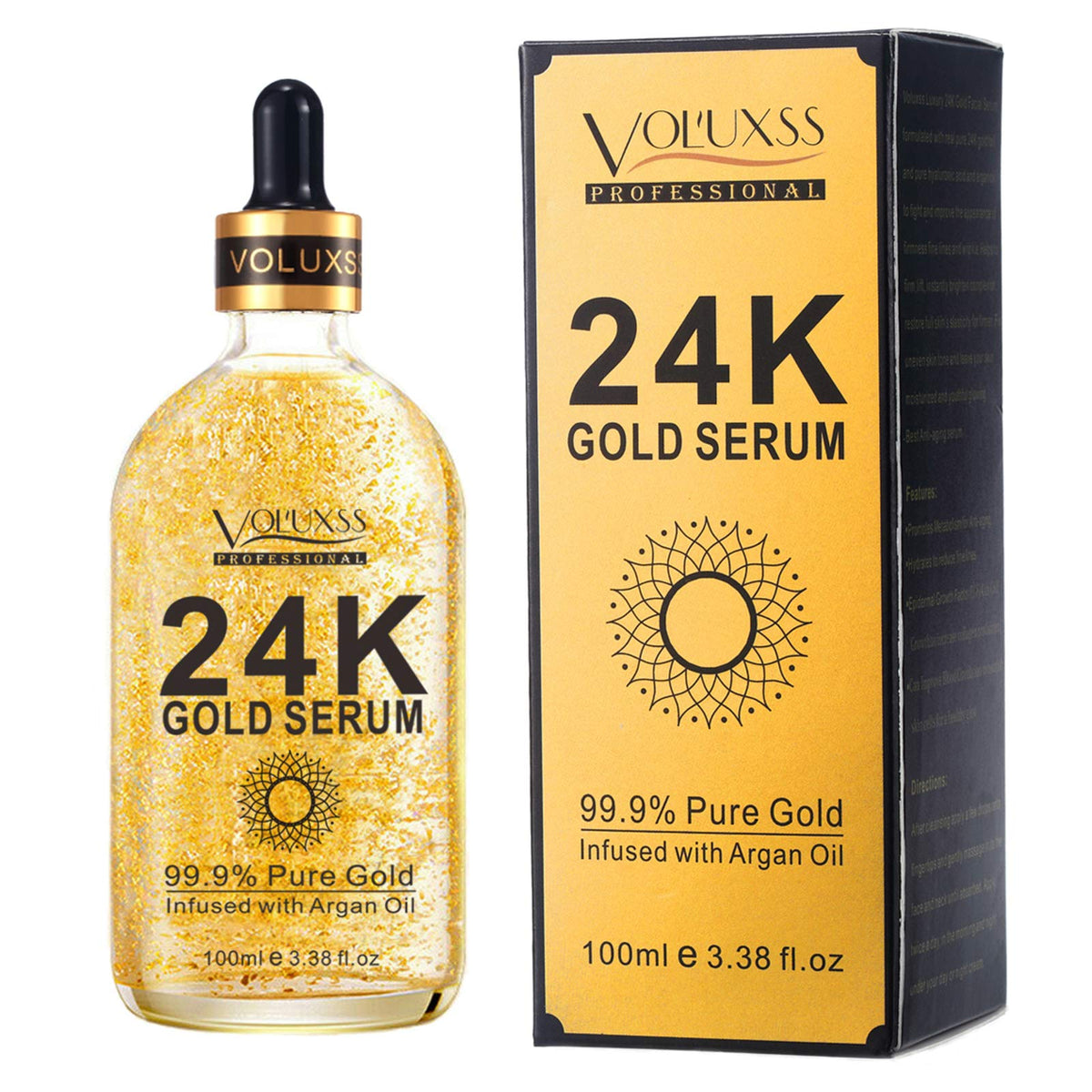 Voluxss 24K Gold Serum bottle close-up showing premium glow for radiant skin.