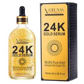 Voluxss 24K Gold Serum bottle close-up showing premium glow for radiant skin.