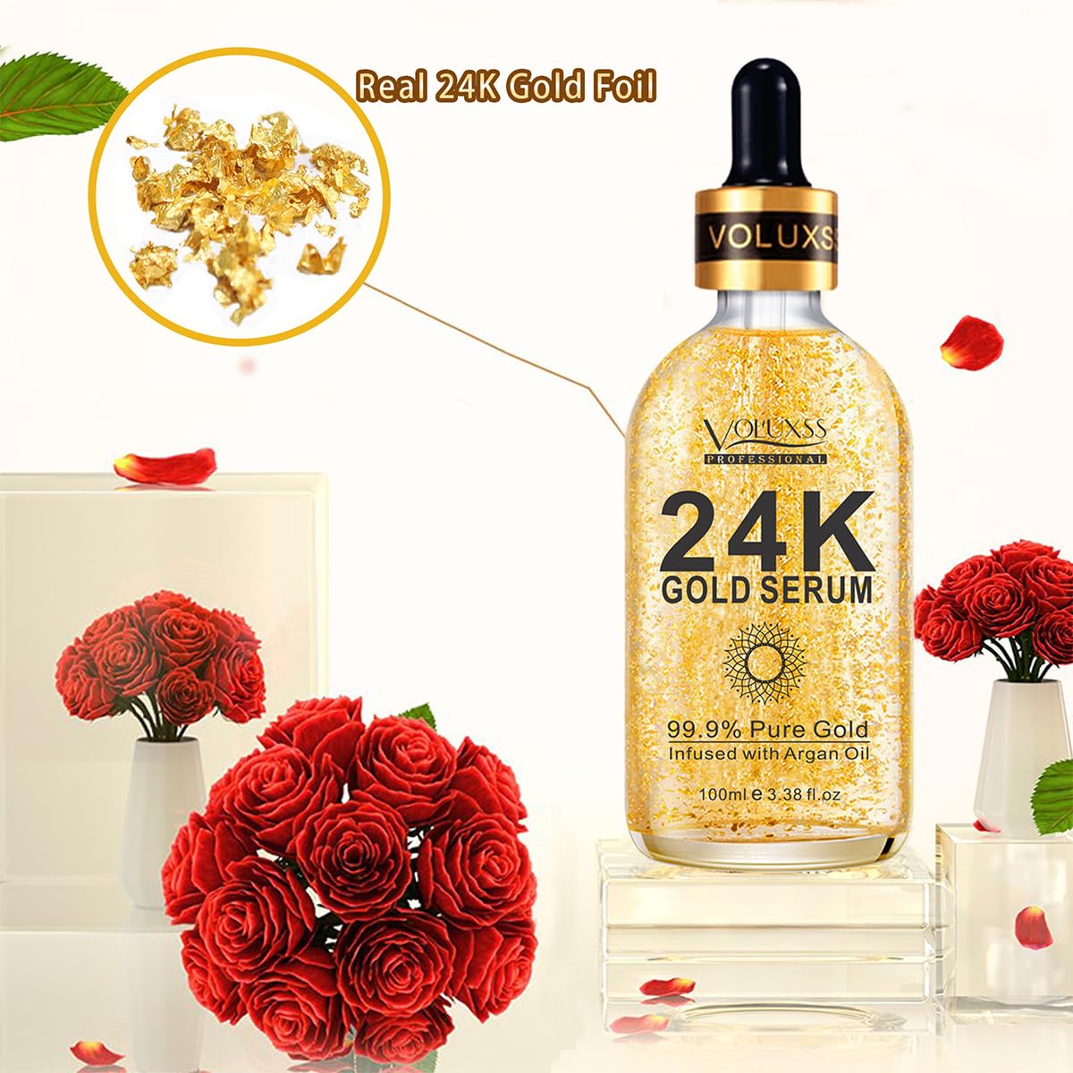 Voluxss 24K Gold Serum applied on face for smooth, radiant texture.