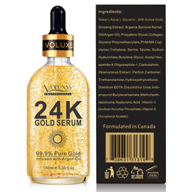 Voluxss 24K Gold Serum drops on skin emphasizing glow and moisture.