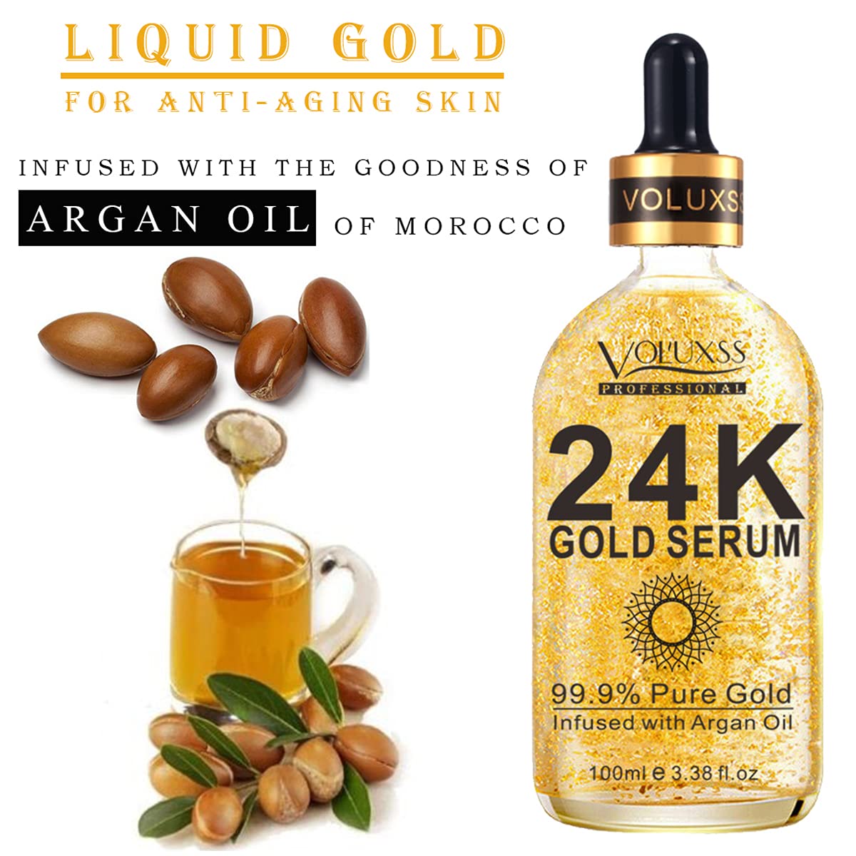 Voluxss 24K Gold Serum ingredients spotlight antioxidants and botanicals for nourishment.