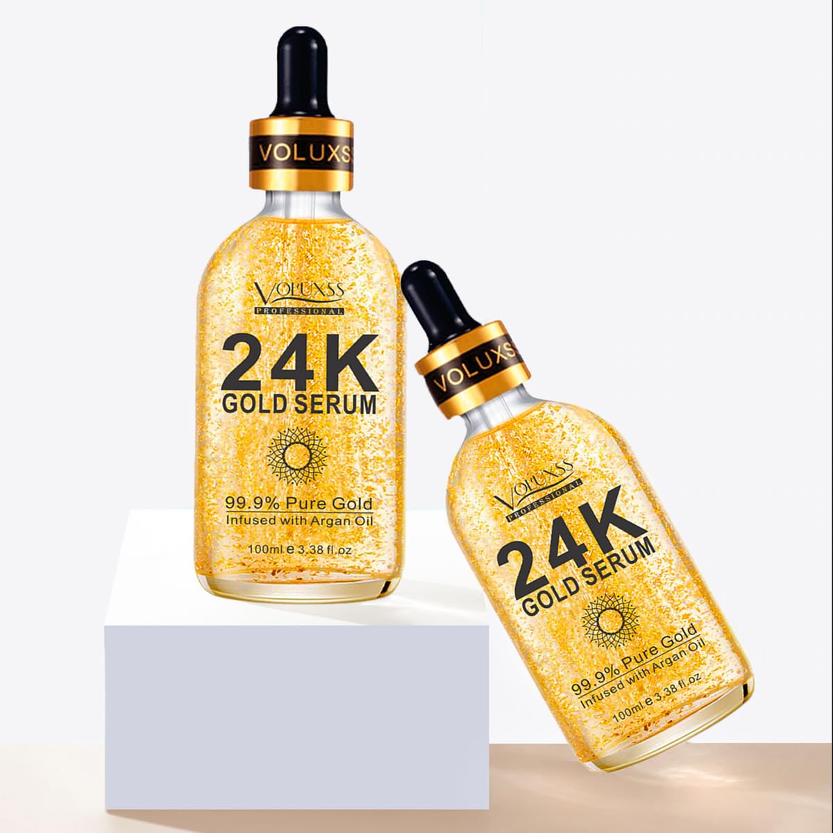 Voluxss 24K Gold Serum luxury packaging on display for premium skincare.