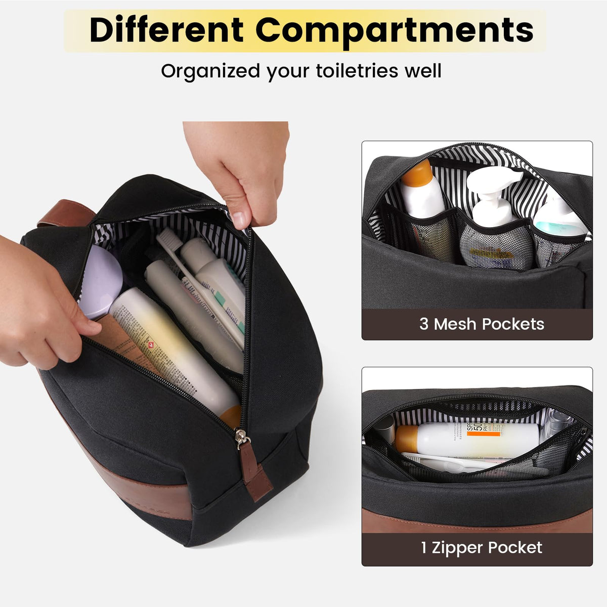 Vorspack bathroom bag with water-resistant material protects contents during travel.