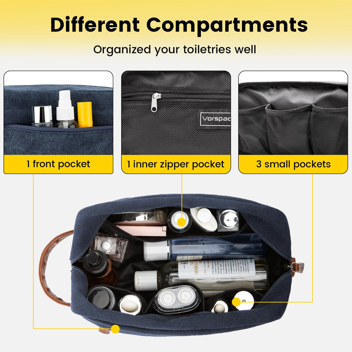 Vorspack navy front zipper detail keeps contents secure during travel