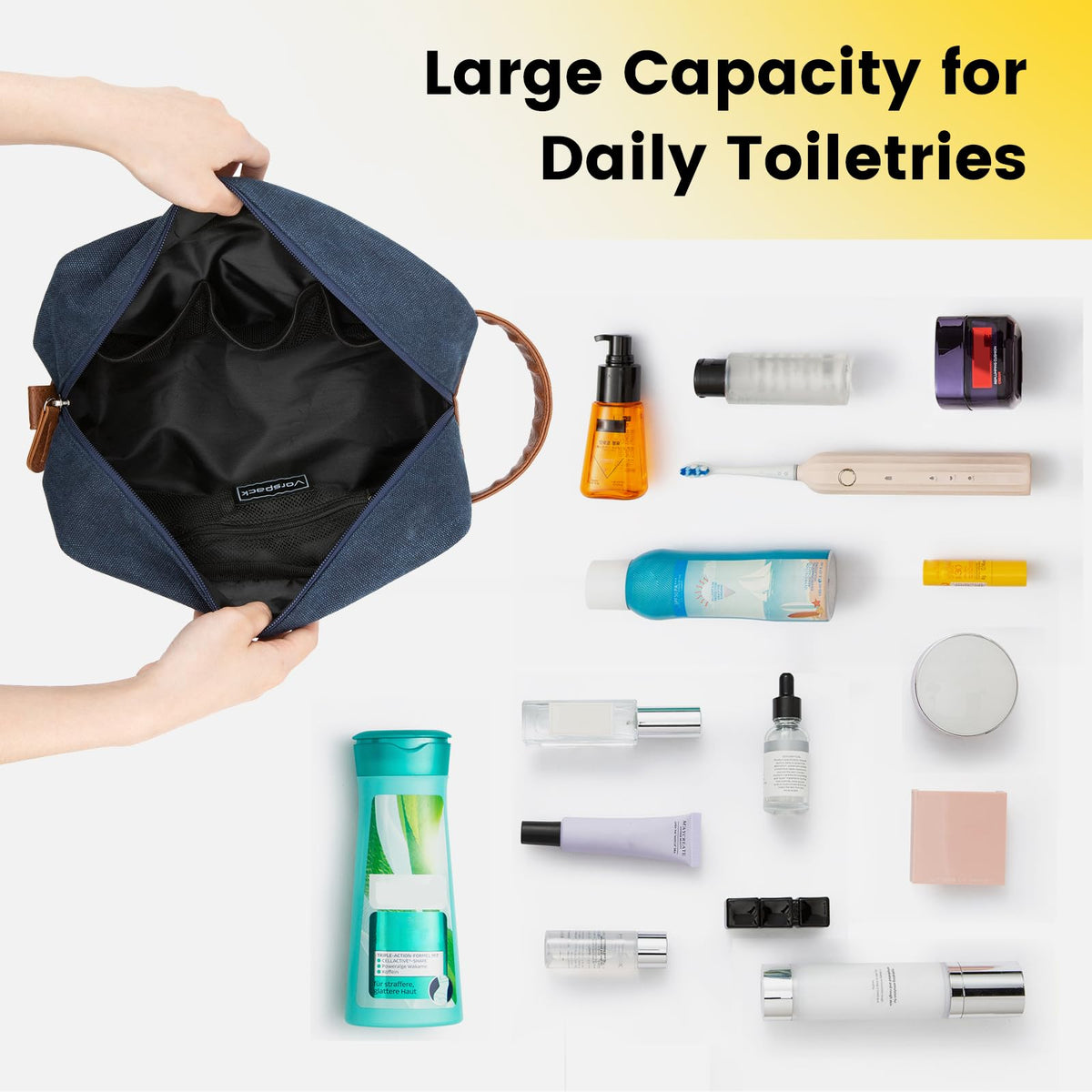 Vorspack water-resistant material protects toiletries from splashes