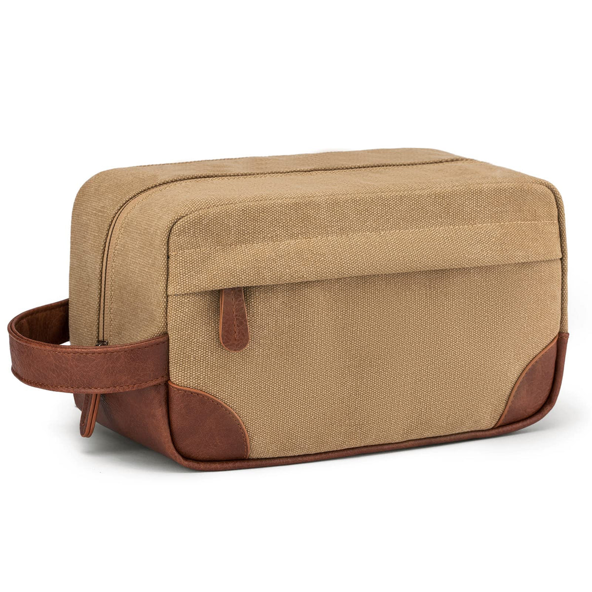 Vorspack travel toiletry bag hanging on hook in brown canvas for easy access