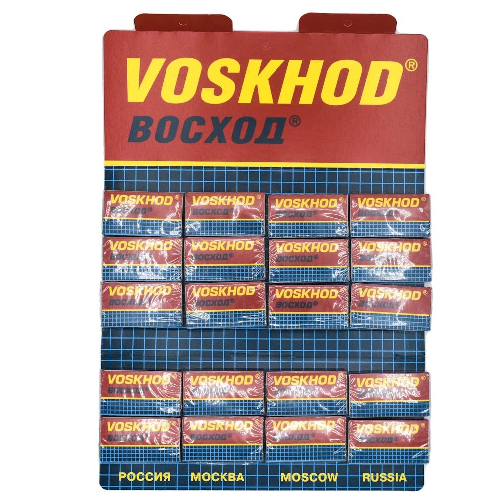 Voskhod 100 blades box close-up, highlighting long-lasting sharpness for daily shaves.