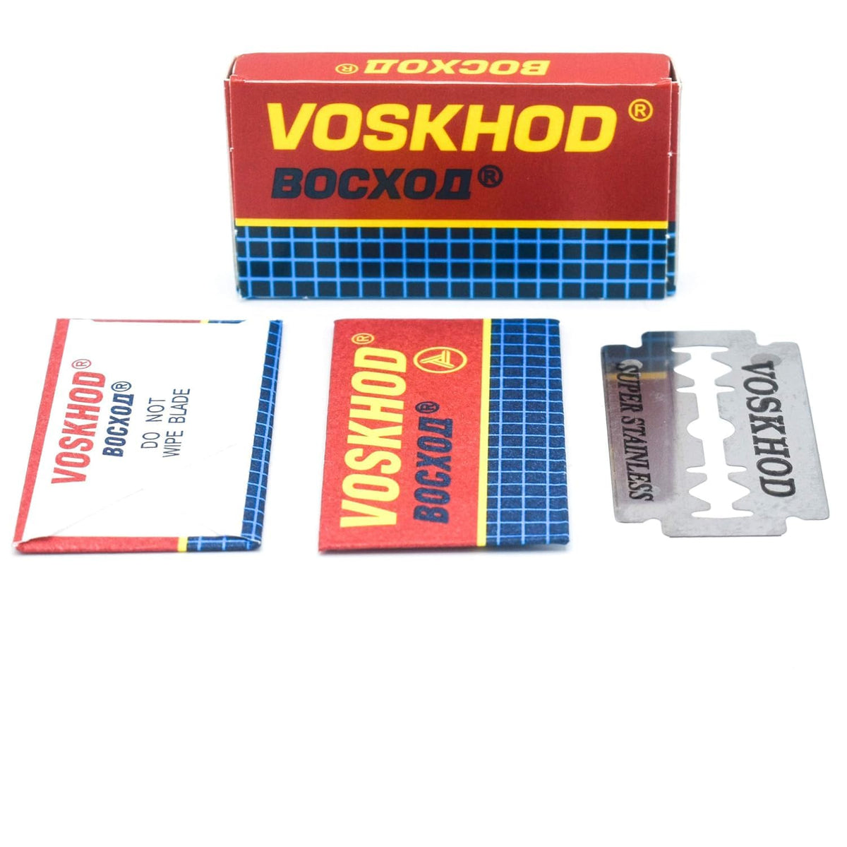 Voskhod blade edge close-up, sharp double-edge blades for precise shaving.
