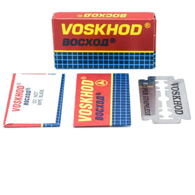 Voskhod blade edge close-up, sharp double-edge blades for precise shaving.