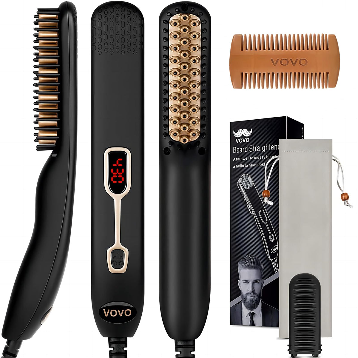 VOVO Beard Straightener Comb front view shows compact design for easy home grooming.