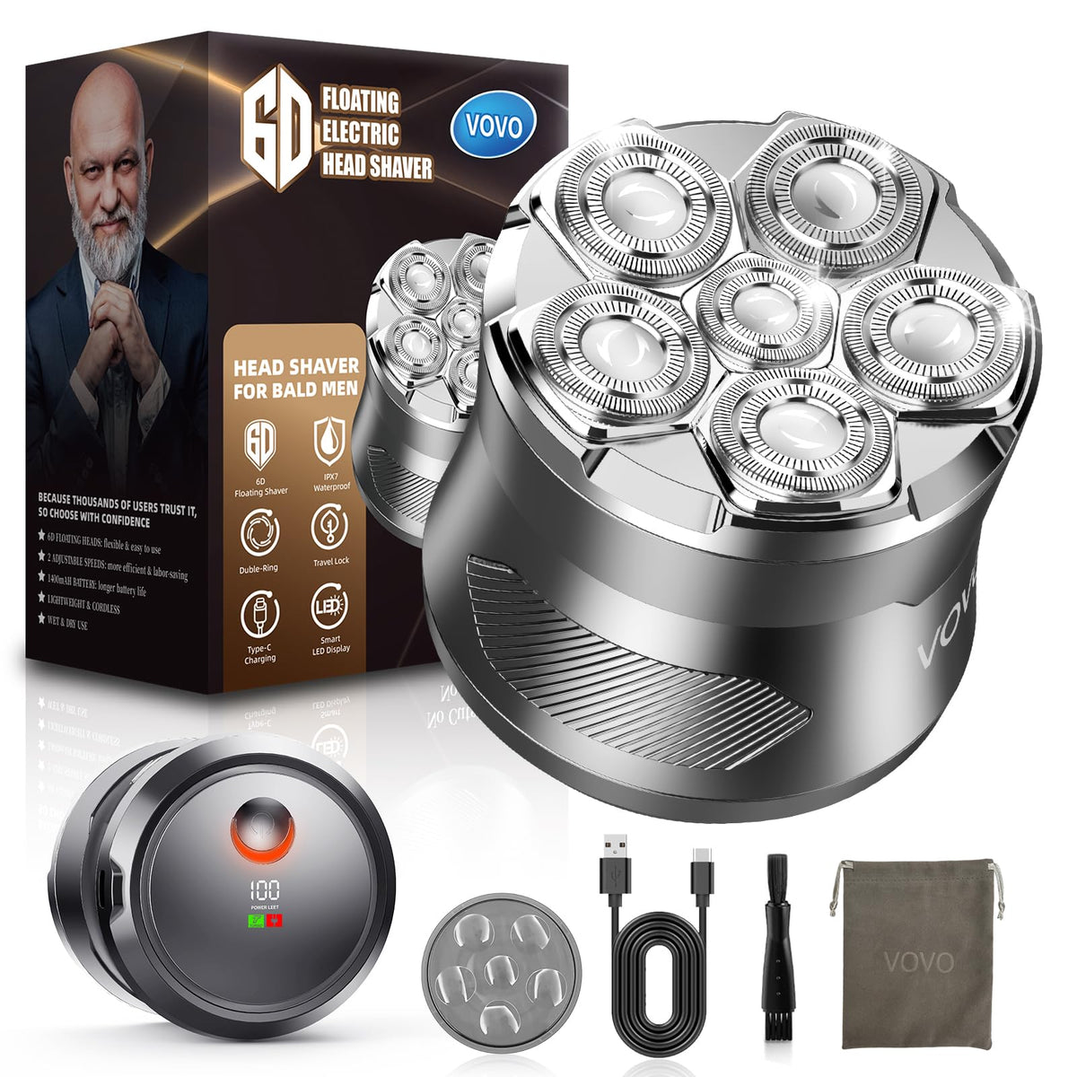 VOVO head shaver with 6D floating head for smooth bald shaving.