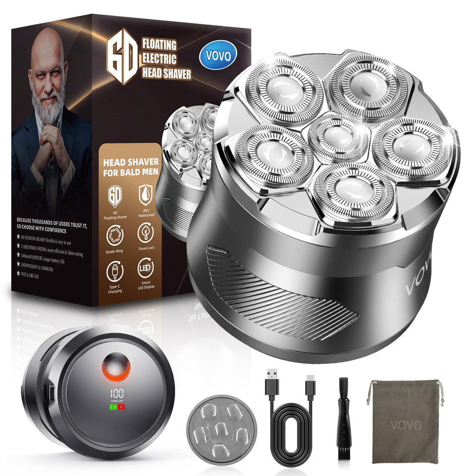VOVO head shaver with 6D floating head for smooth bald shaving.