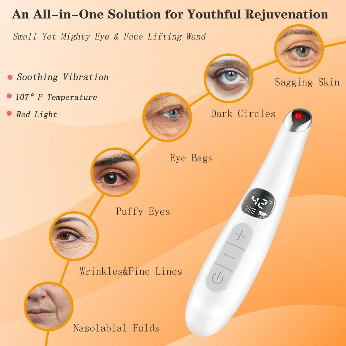 Vowleike Eye Lift Wand on the face with massage motion to reduce puffiness.