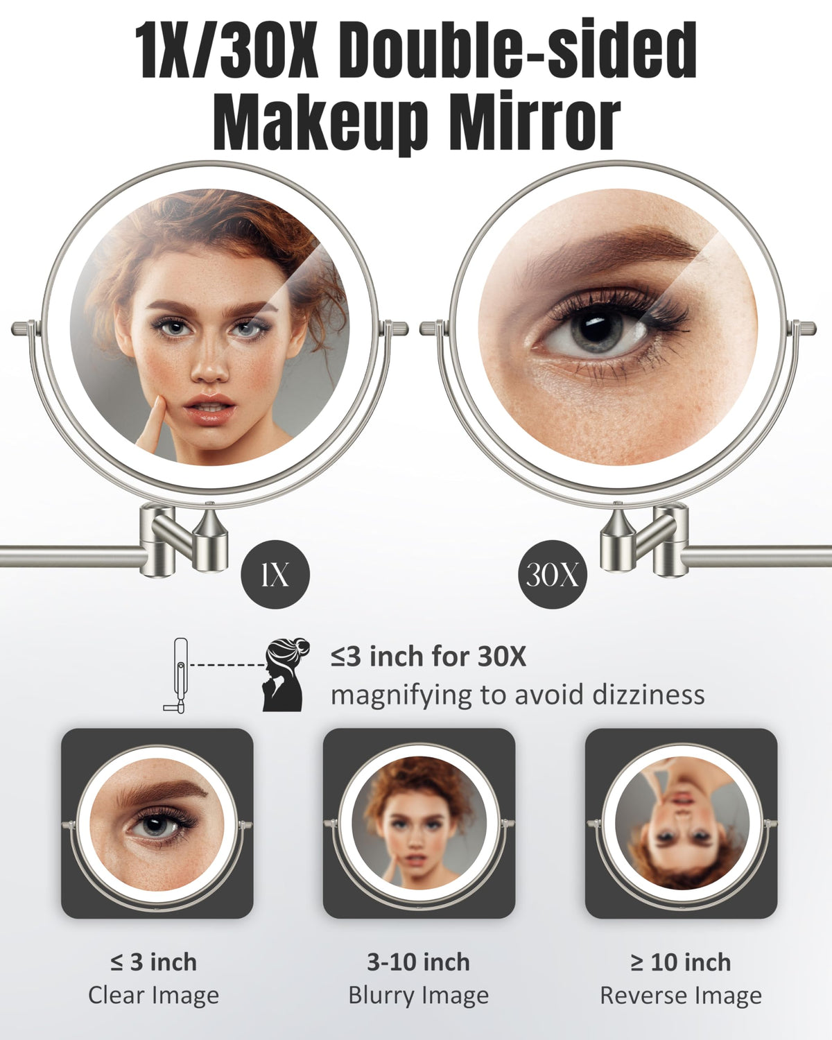 VPU double-sided 30x/1x magnification mirror for detailed eyeliner and brows.