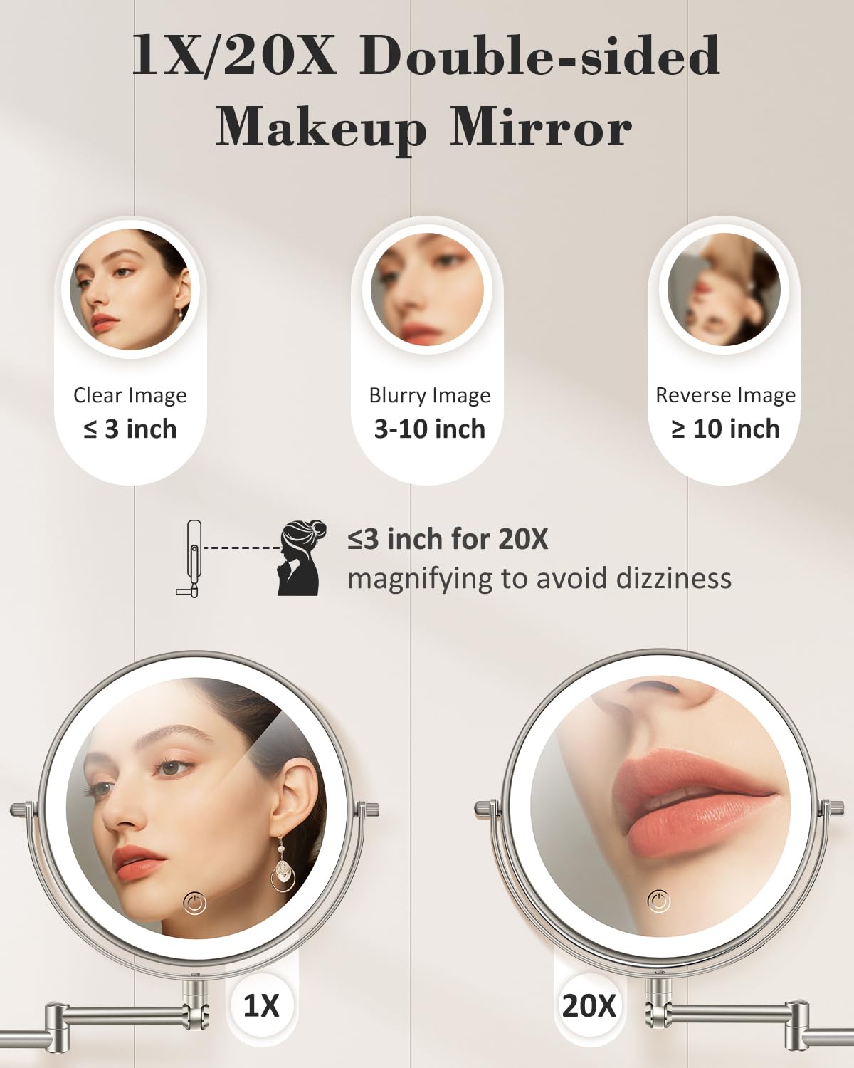 VPU makeup mirror with extendable arm for flexible placement