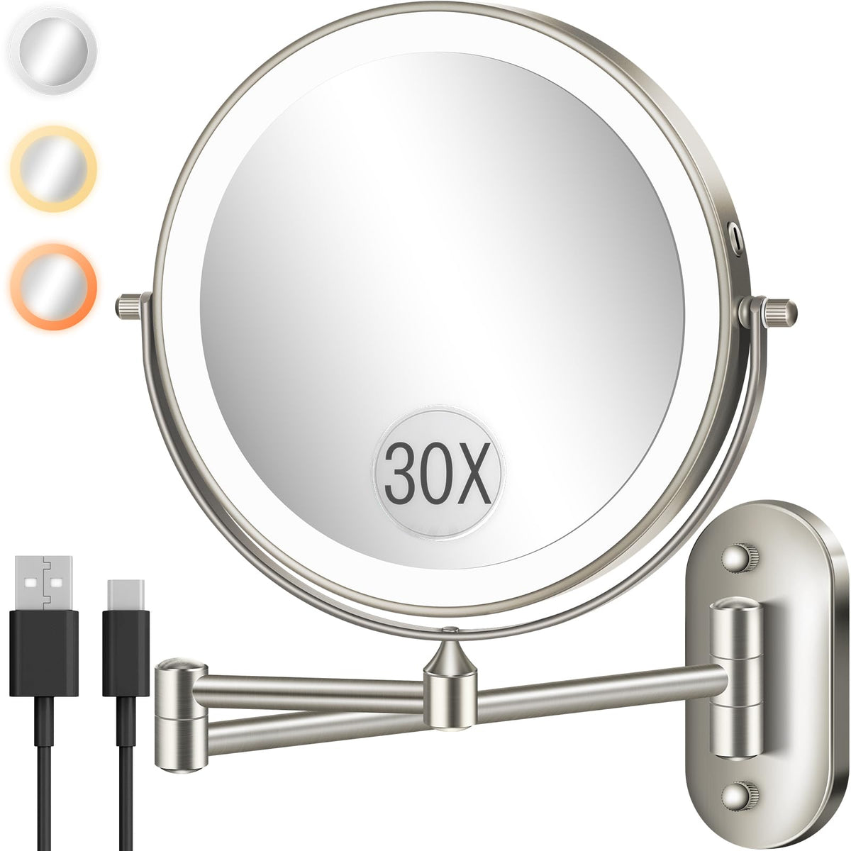 VPU wall-mounted makeup mirror with light, 8-inch surface for precise makeup.