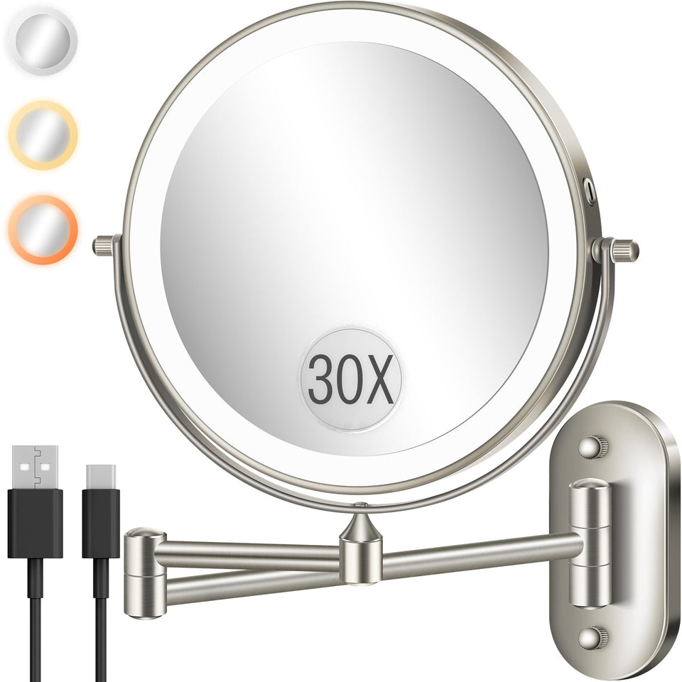 VPU wall-mounted makeup mirror with light, 8-inch surface for precise makeup.