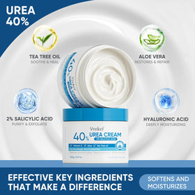 VREKEF Urea Cream 40% applied to feet, demonstrating soothing application.