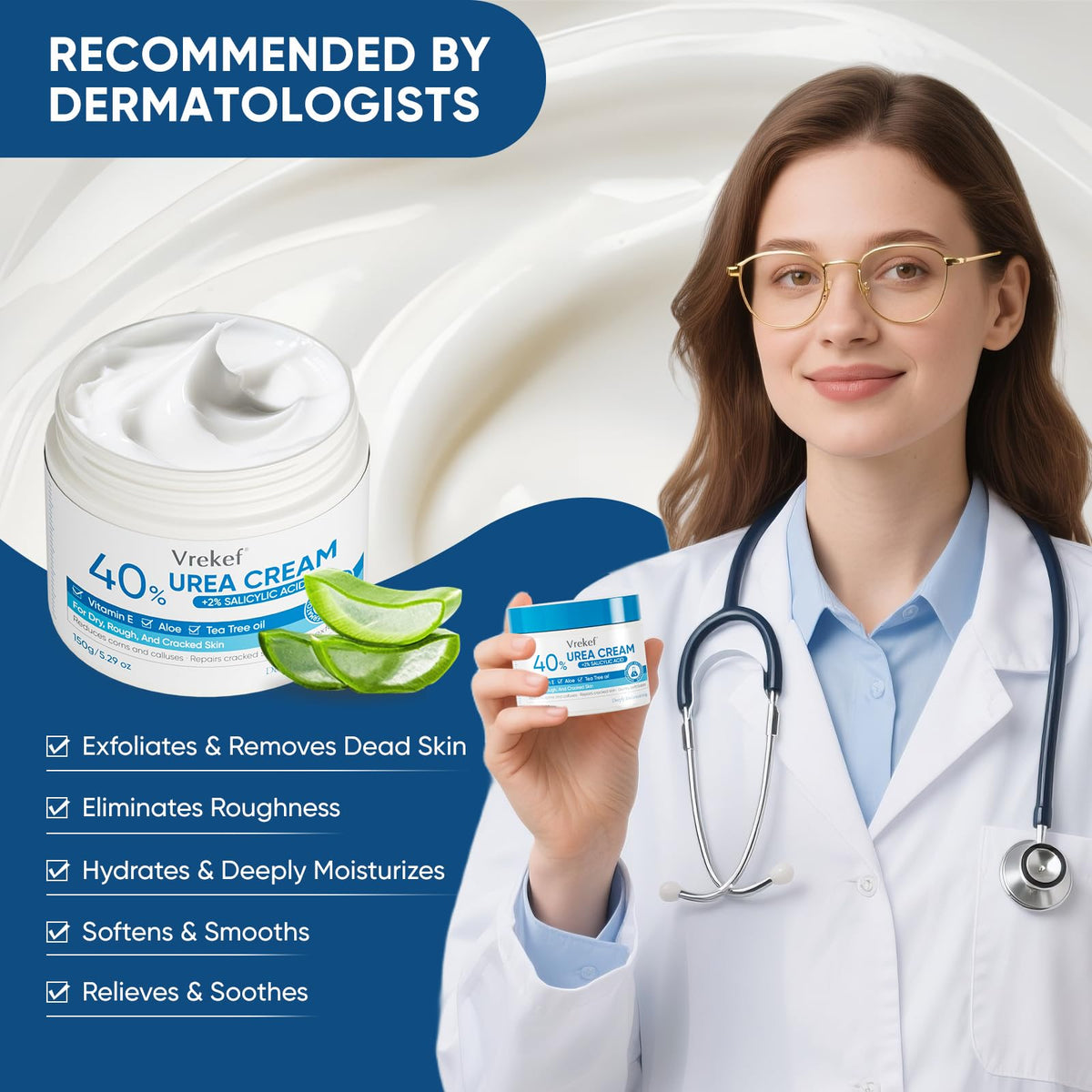 VREKEF Urea Cream 40% cream texture close-up, fast-absorbing formula.