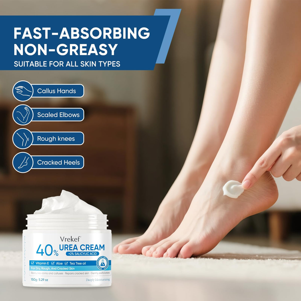 VREKEF Urea Cream 40% ingredients label highlighting glycerin and avocado oil.