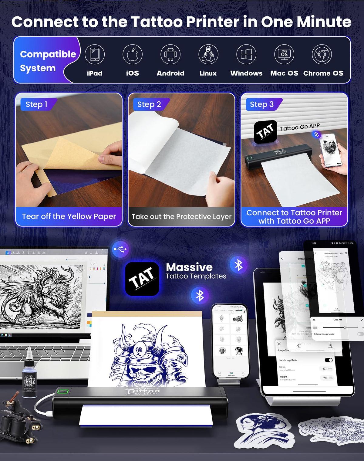vretti P84 tattoo stencil printer side view, slim profile for desktop setups.