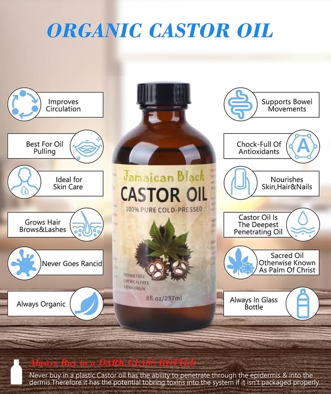 Pouring VRJEUGO Jamaican Black Castor Oil highlights easy application focus on scalp