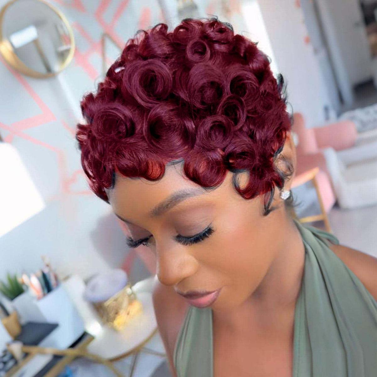 VRZ 99J burgundy wig close-up captures rich color and sleek finish