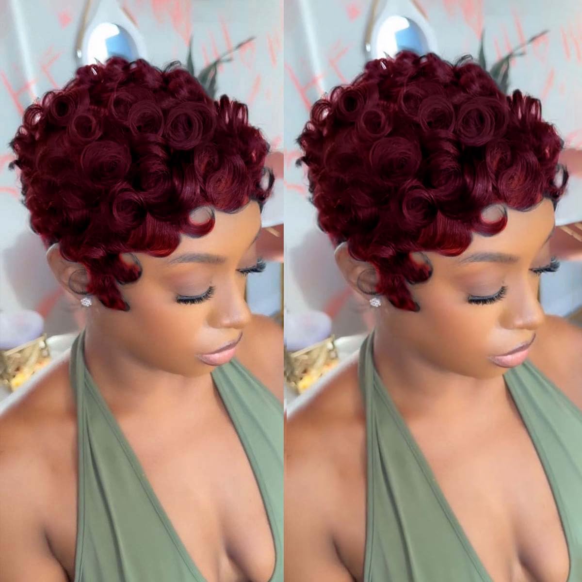 VRZ burgundy 99J pixie cut wig front view shows natural silhouette