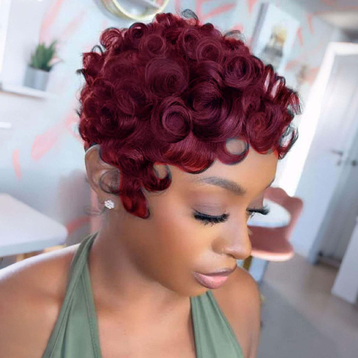 VRZ burgundy 99J pixie cut wig side view highlights layered movement