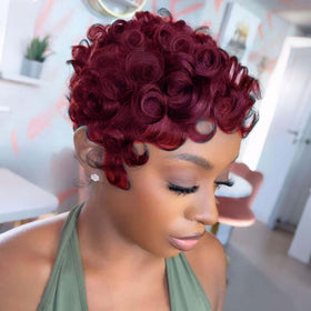 VRZ burgundy 99J pixie cut wig side view highlights layered movement