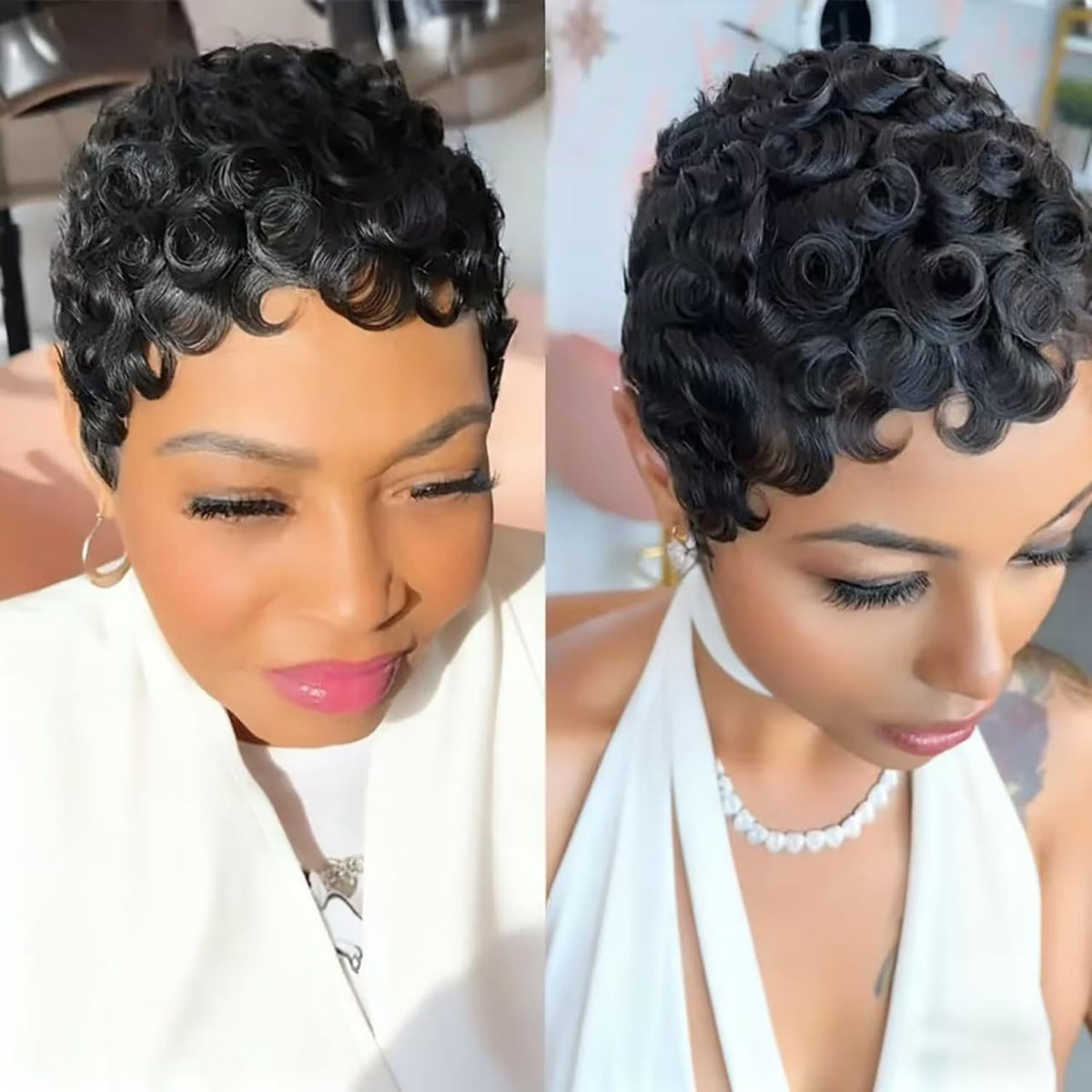 VRZ model-wearing pixie cut wig demonstrates versatile styling.