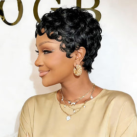 VRZ Pixie Cut Wig black color with natural curl pattern.