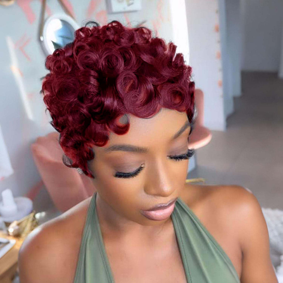VRZ pixie cut wig human hair curl detail emphasizes defined texture