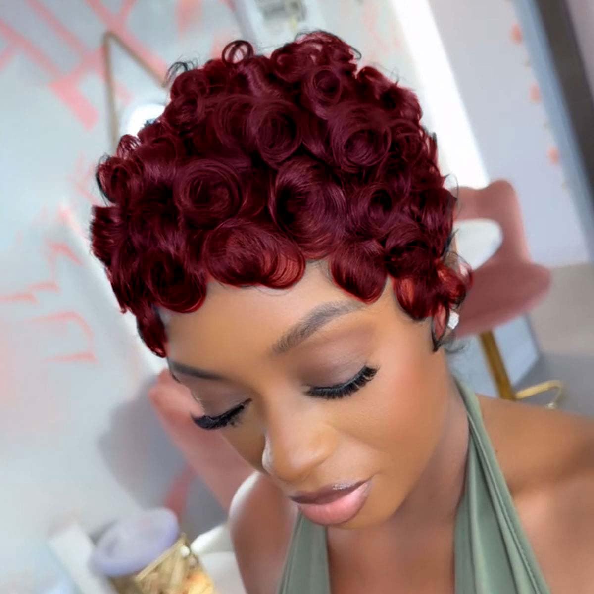VRZ short virgin human hair wig glueless bangs close-up demonstrates easy wear
