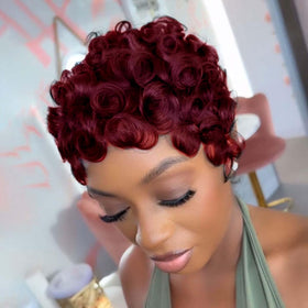 VRZ short virgin human hair wig glueless bangs close-up demonstrates easy wear
