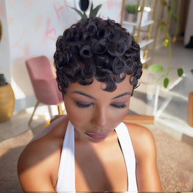 VRZ Short Pixie Cut Wig close-up curls, virgin human hair texture