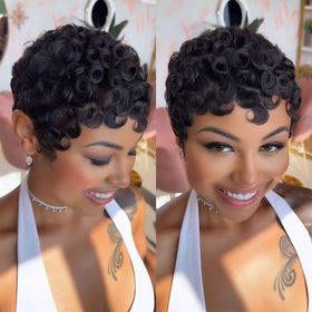 VRZ Short Pixie Cut Wig front view, natural black human hair for daily wear