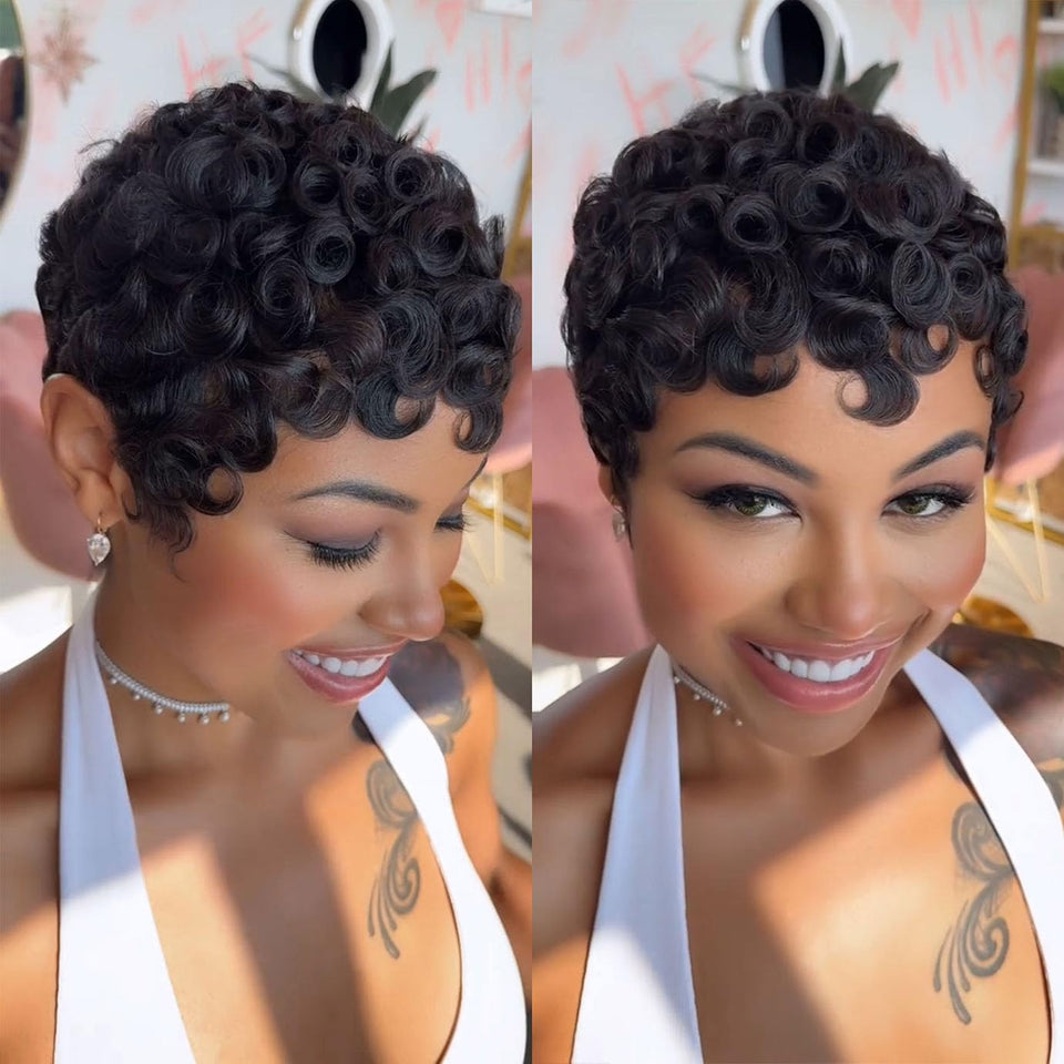 VRZ Short Pixie Cut Wig front view, natural black human hair for daily wear